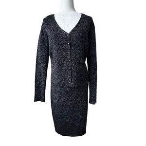Tower Hill Knit Sleeveless Dress Cardigan Two Piece Black Metallic VTG XL